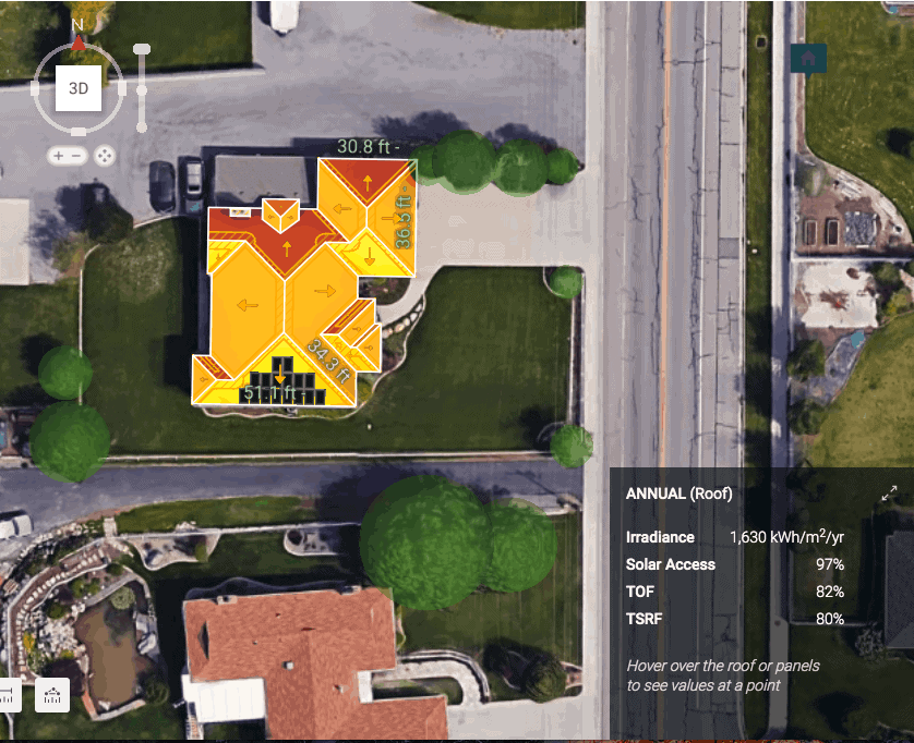 An irradiance map of a roof in Aurora Solar.