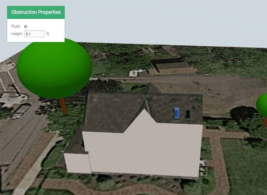 The resulting 3D house model, after adding the dormer, southeast roof plane, and obstructions