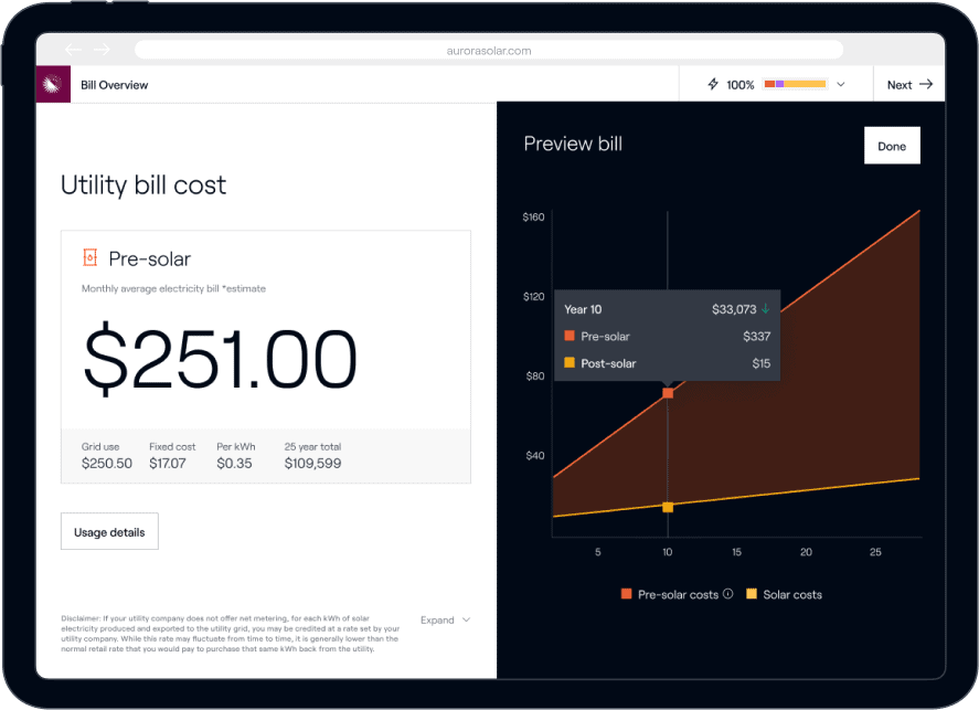 Utility bill comparison pre and post-solar installation in a browser window.