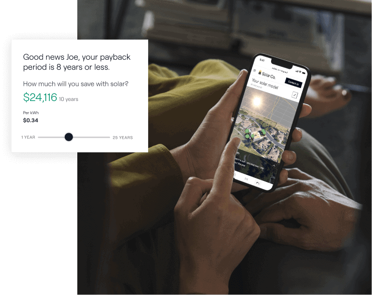 Smartphone app showing $24,116 solar savings projection over 10 years.