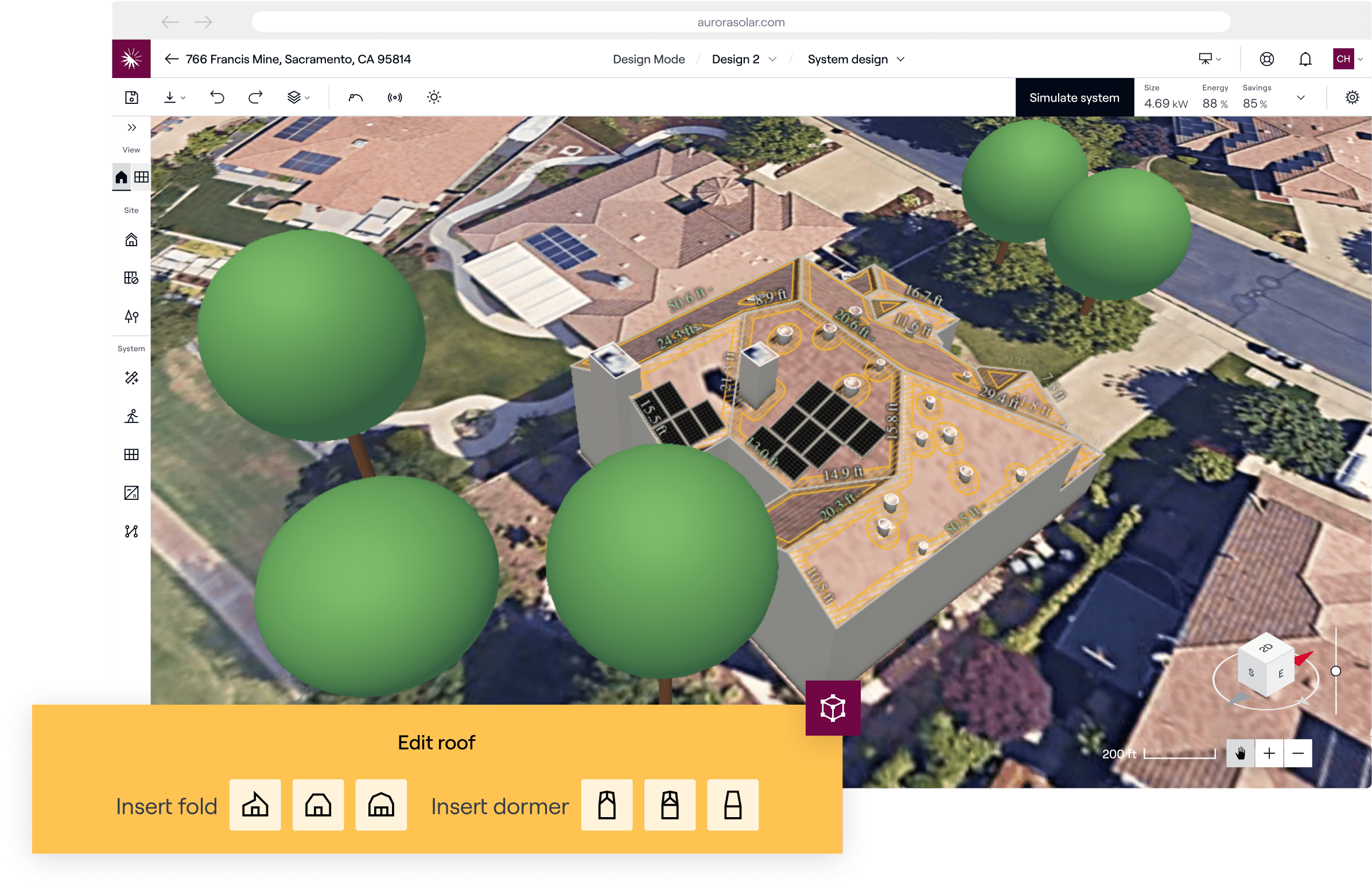 3D modeling app screen, editing a house roof with green spheres for trees/landscaping.