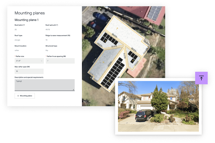 Multi-view presentation of a house with solar panel installation plans.
