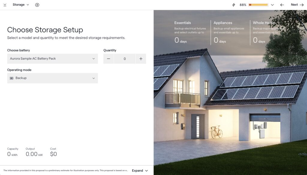 Screenshot of Aurora solar battery storage selection