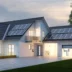 Modern eco-friendly home equipped with solar panels on the roof, illuminated in the tranquil twilight.
