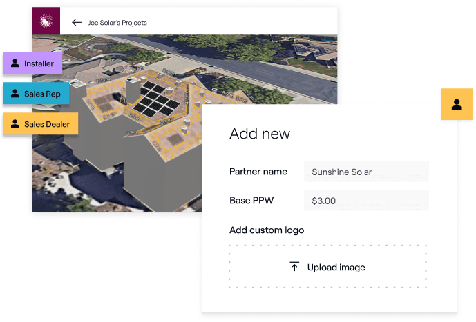 A screenshot showcasing a solar panel project management application interface with options for adding a new partner